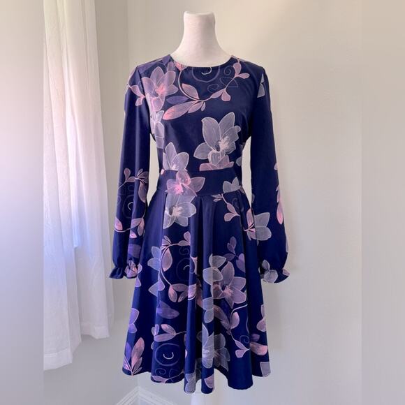 Simple Flavor Purple & Pink Floral Print Long Sleeve Knee Length A-Line Dress - Picture 1 of 8